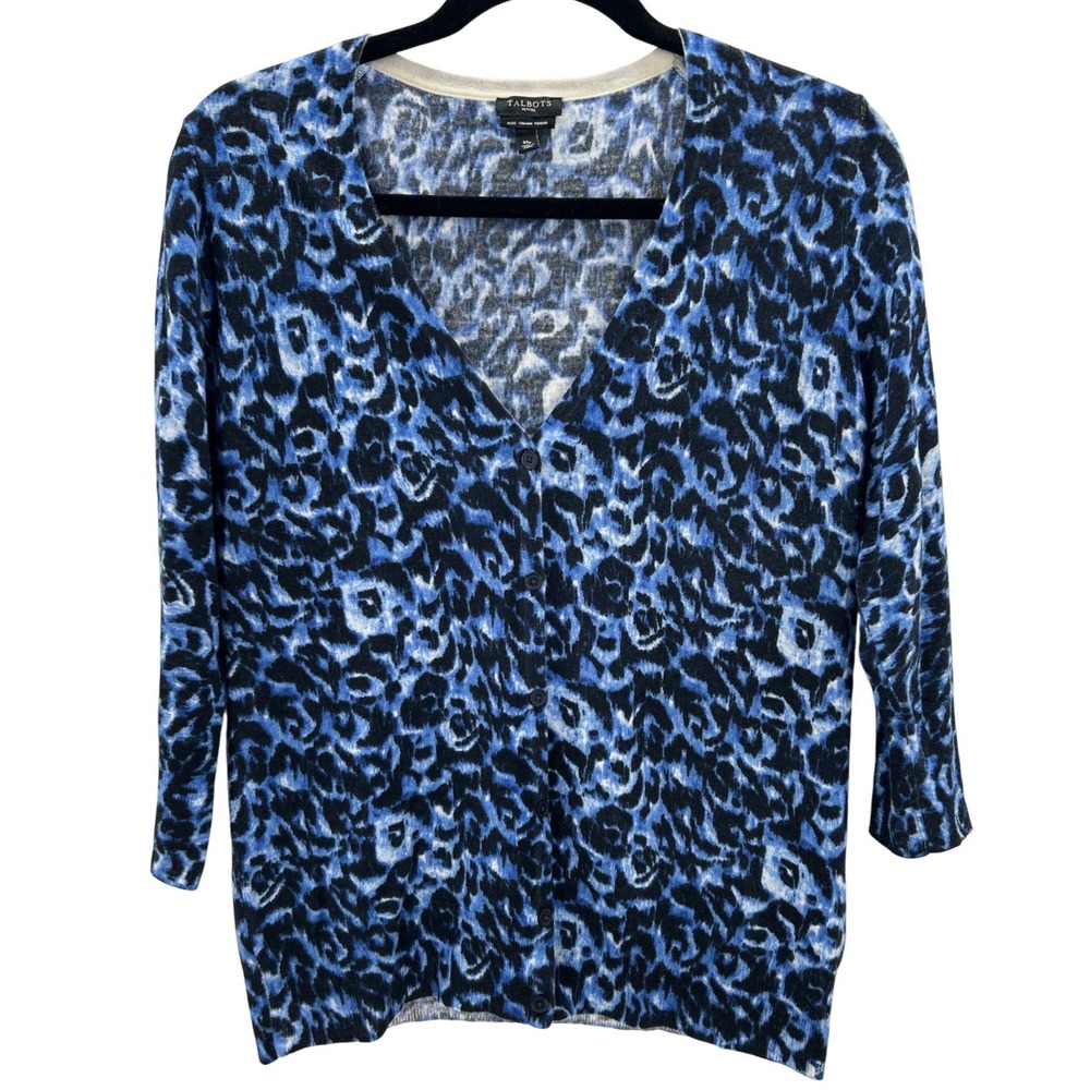 Talbots Blue Black Animal Leopard Print Italian‎ Merino Wool Cardigan Sweater MP